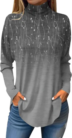 Tunic Tops for Women Loose Fit Fall Long Sleeve Shirts Mock Neck Work Tops Turtle Neck Side Split Floral Print Blouses