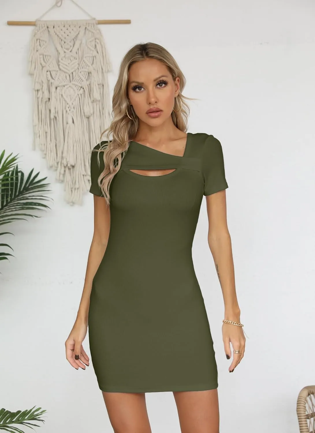 Valiamcep Women's Summer Mini Dress Short Sleeve Square Neck Cut Out Sexy Ribbed Knit Fitted Casual Pencil Bodycon Dresses