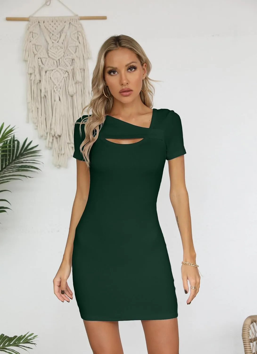 Valiamcep Women's Summer Mini Dress Short Sleeve Square Neck Cut Out Sexy Ribbed Knit Fitted Casual Pencil Bodycon Dresses