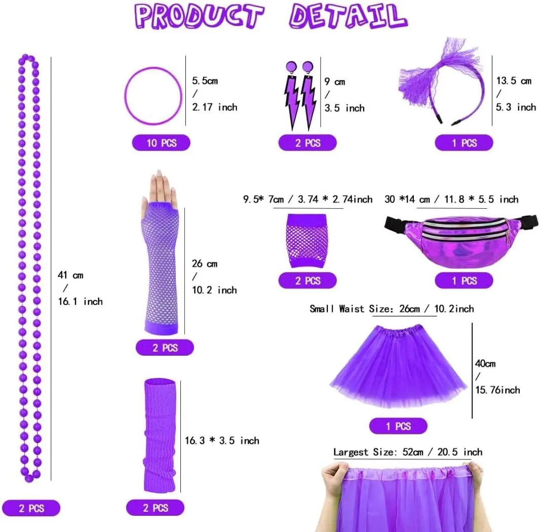 WILDPARTY 80s Costume Accessories for Women, T-Shirt Tutu Fanny Pack Headband Earring Necklace Fishnet Gloves Legwarmers