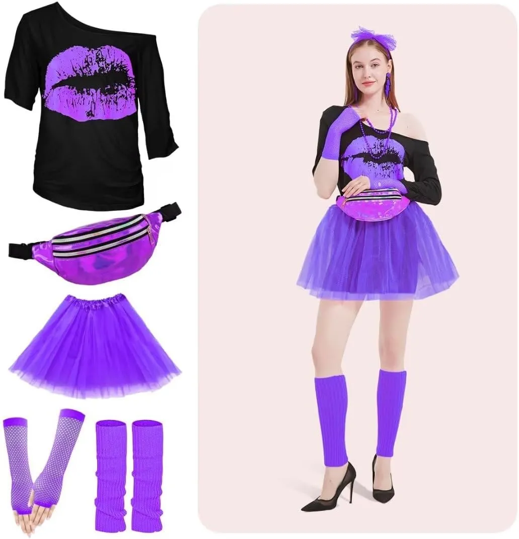 WILDPARTY 80s Costume Accessories for Women, T-Shirt Tutu Fanny Pack Headband Earring Necklace Fishnet Gloves Legwarmers