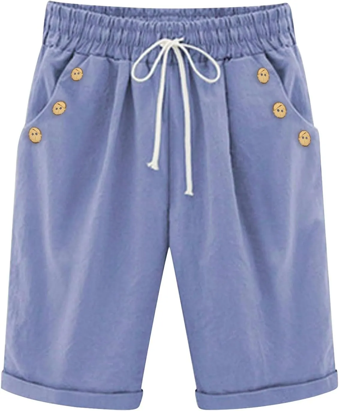 Women Knee Length Bermuda Shorts Elastic High Waist Drawstring Shorts Cotton Relaxed Fit Summer Beach Short Pants