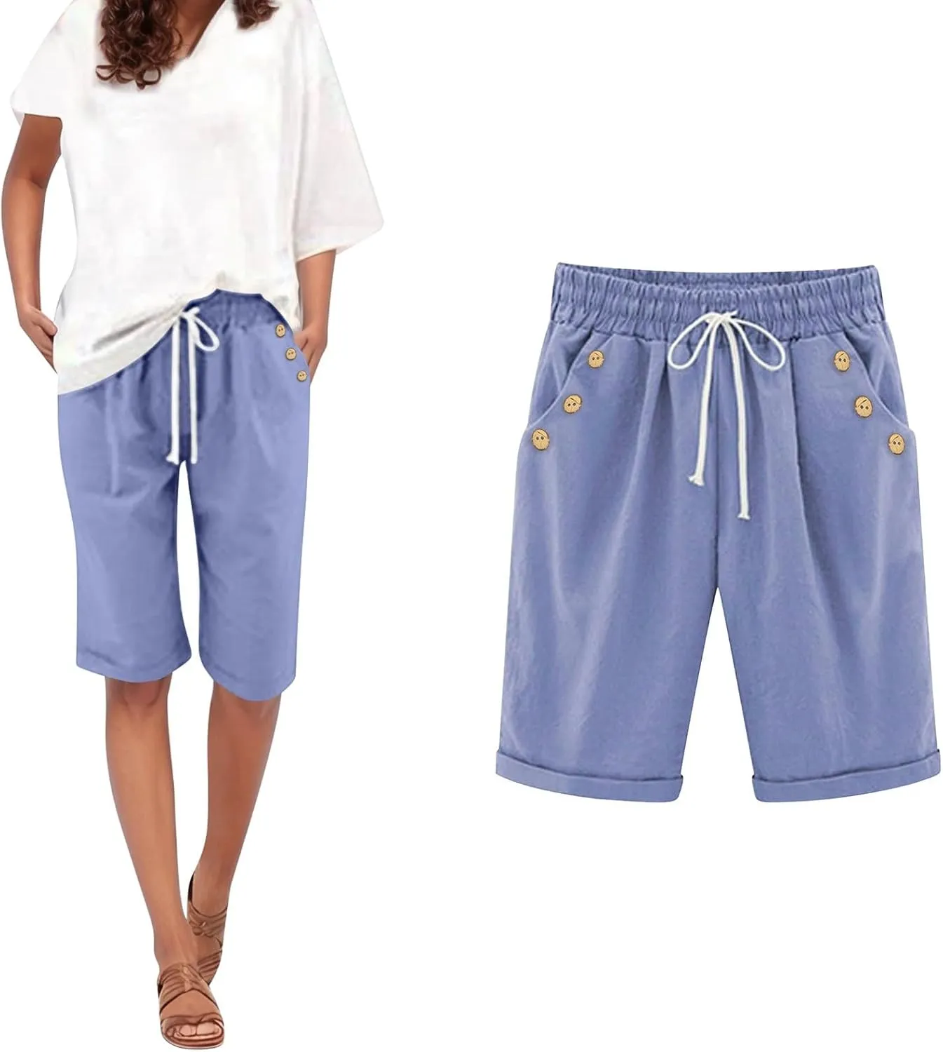 Women Knee Length Bermuda Shorts Elastic High Waist Drawstring Shorts Cotton Relaxed Fit Summer Beach Short Pants