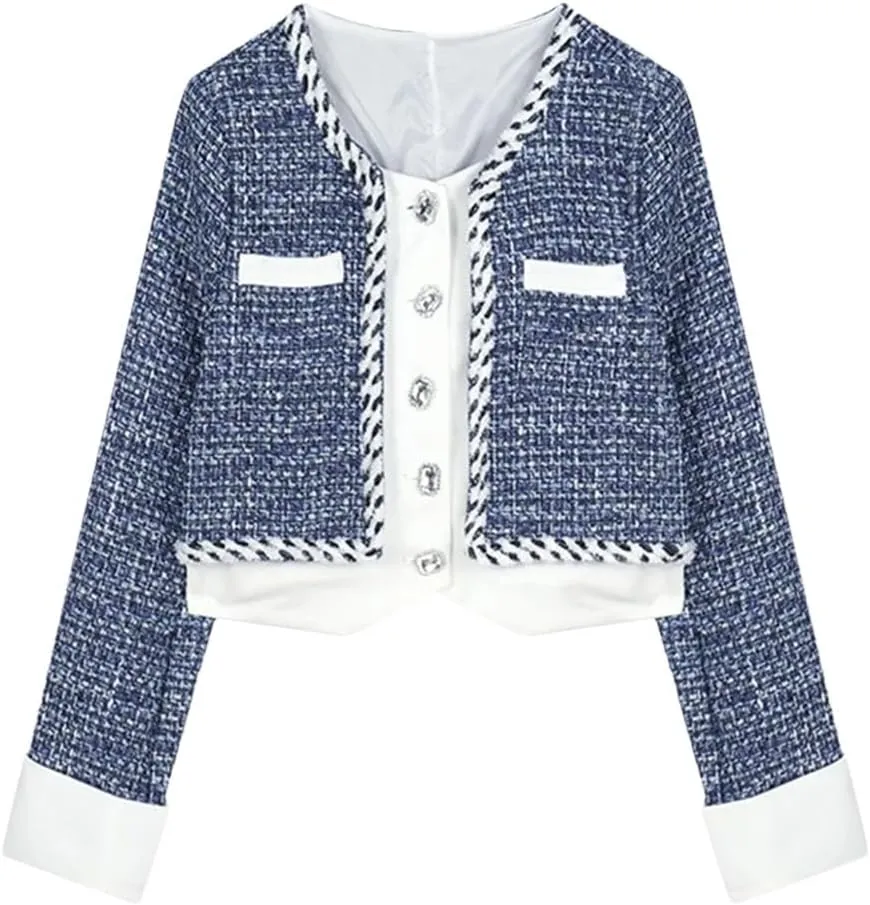Women Patchwork Jacket Tops French Style Elegant Party Vintage Clothes Short Outwear Coat