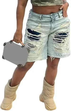 Women Summer Ripped Bermuda Denim Shorts Distressed Destroyed Straight Wide Leg Jean Short
