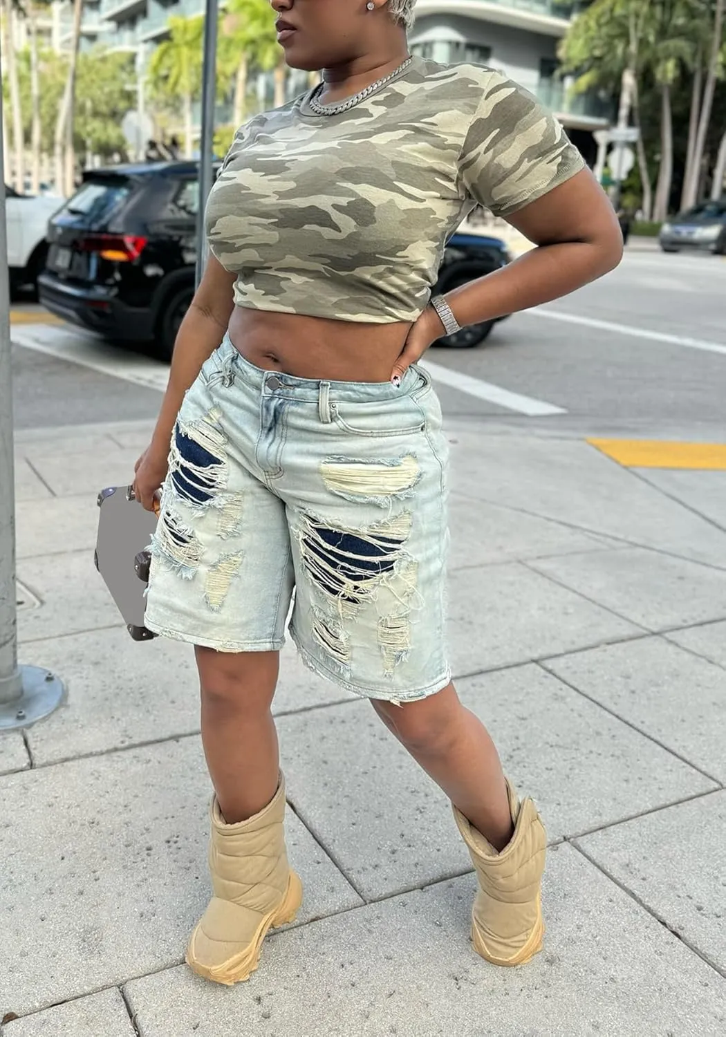 Women Summer Ripped Bermuda Denim Shorts Distressed Destroyed Straight Wide Leg Jean Short
