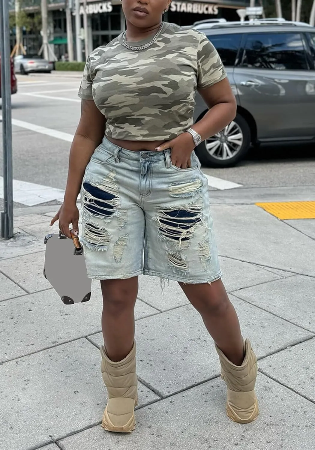 Women Summer Ripped Bermuda Denim Shorts Distressed Destroyed Straight Wide Leg Jean Short