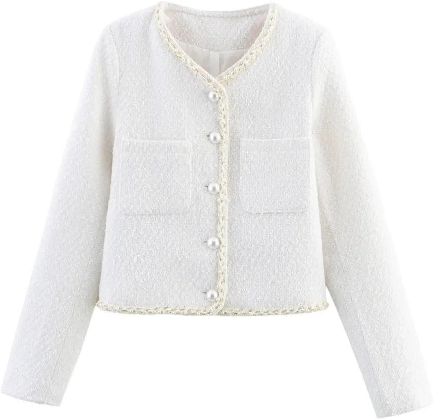 Women's Clothing Beading Casual French Style Short Tweed Single-Breasted Jacket