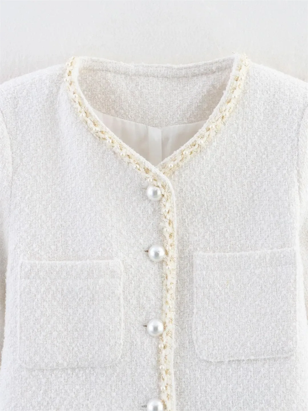 Women's Clothing Beading Casual French Style Short Tweed Single-Breasted Jacket