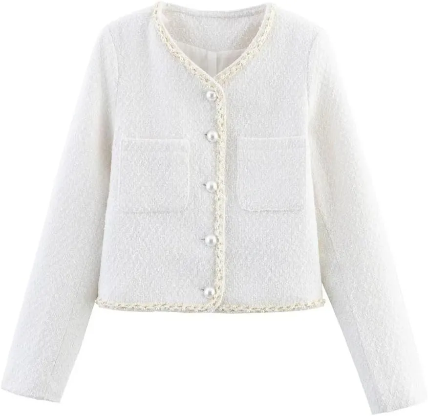 Women's Clothing Beading Casual French Style Short Tweed Single-Breasted Jacket