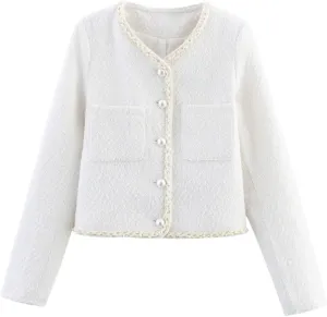Women's Clothing Beading Casual French Style Short Tweed Single-Breasted Jacket