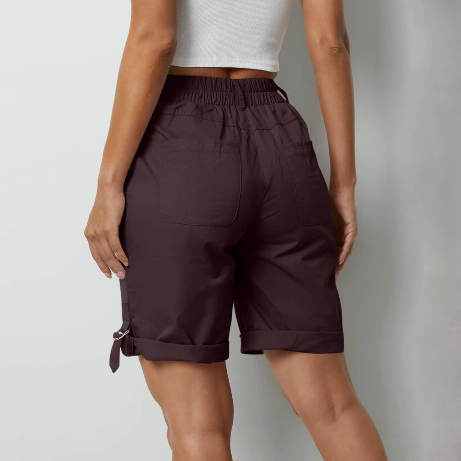 Women's Hiking Cargo Shorts with Pockets Quick Dry Lightweight Elastic High Waist Shorts Cuffed Hem Casual Summer Pant