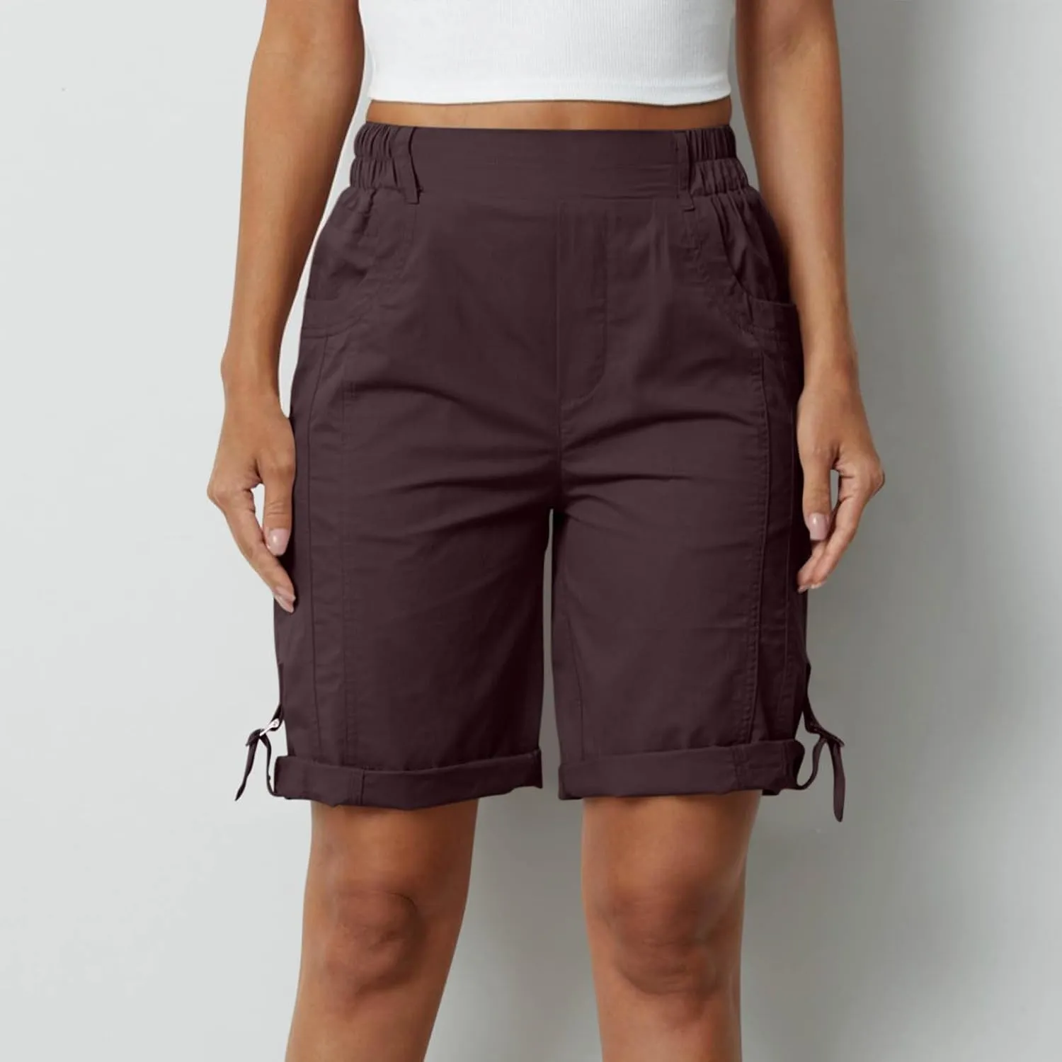 Women's Hiking Cargo Shorts with Pockets Quick Dry Lightweight Elastic High Waist Shorts Cuffed Hem Casual Summer Pant