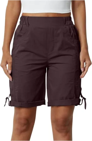 Women's Hiking Cargo Shorts with Pockets Quick Dry Lightweight Elastic High Waist Shorts Cuffed Hem Casual Summer Pant