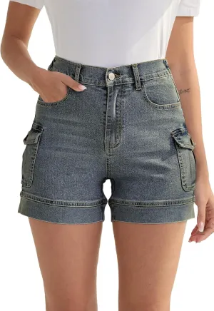 Women's Stretchy Cargo Jean Shorts High Waisted Casual Summer Denim Shorts with Pockets