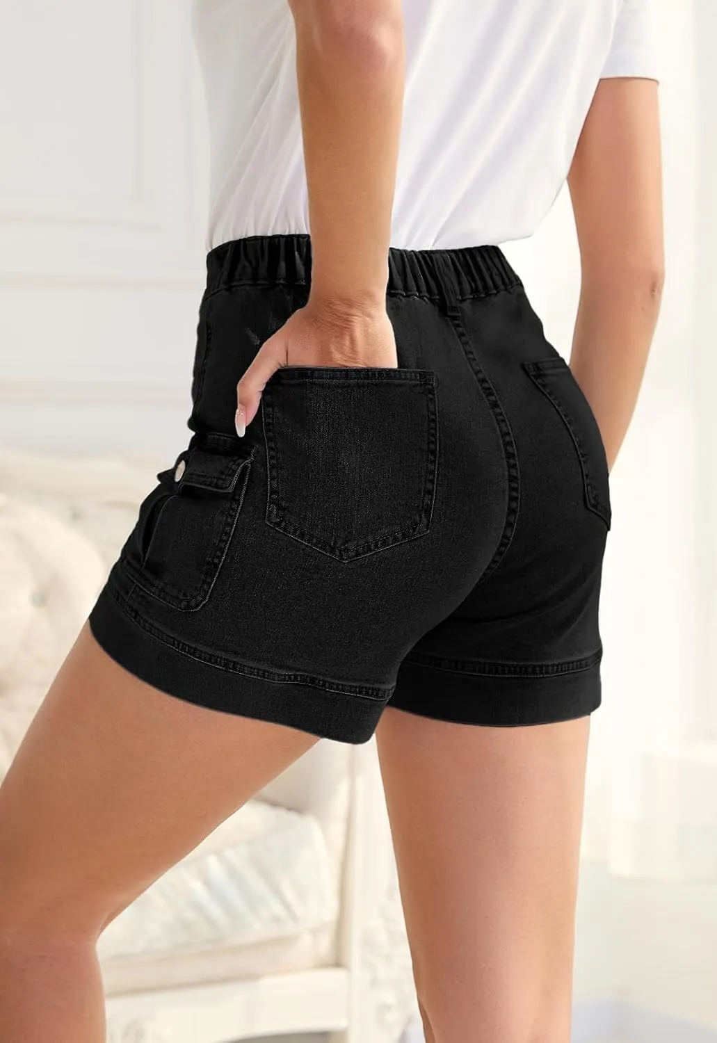 Women's Stretchy Cargo Jean Shorts High Waisted Casual Summer Denim Shorts with Pockets