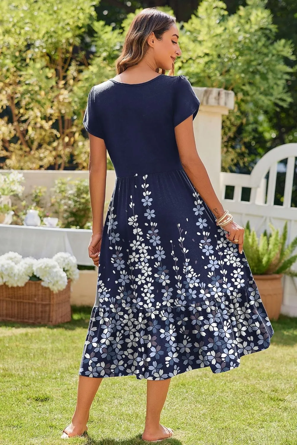 Zeagoo Women Summer Midi A Line Dress Short Sleeve Casual Flowy Tiered Beach Long Sundress with Pockets 2025 Vacation Travel