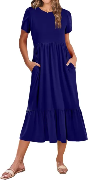 Zeagoo Women Summer Midi A Line Dress Short Sleeve Casual Flowy Tiered Beach Long Sundress with Pockets 2025 Vacation Travel