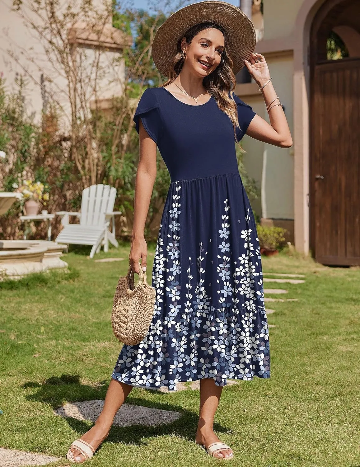 Zeagoo Women Summer Midi A Line Dress Short Sleeve Casual Flowy Tiered Beach Long Sundress with Pockets 2025 Vacation Travel