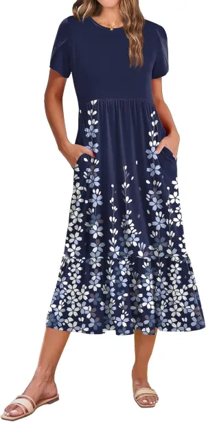 Zeagoo Women Summer Midi A Line Dress Short Sleeve Casual Flowy Tiered Beach Long Sundress with Pockets 2025 Vacation Travel