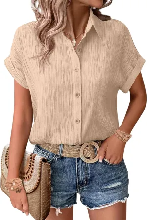 Zeagoo Womens Button Down Shirts Casual Short Sleeve Dress Shirt Textured Collared Summer Work Blouse